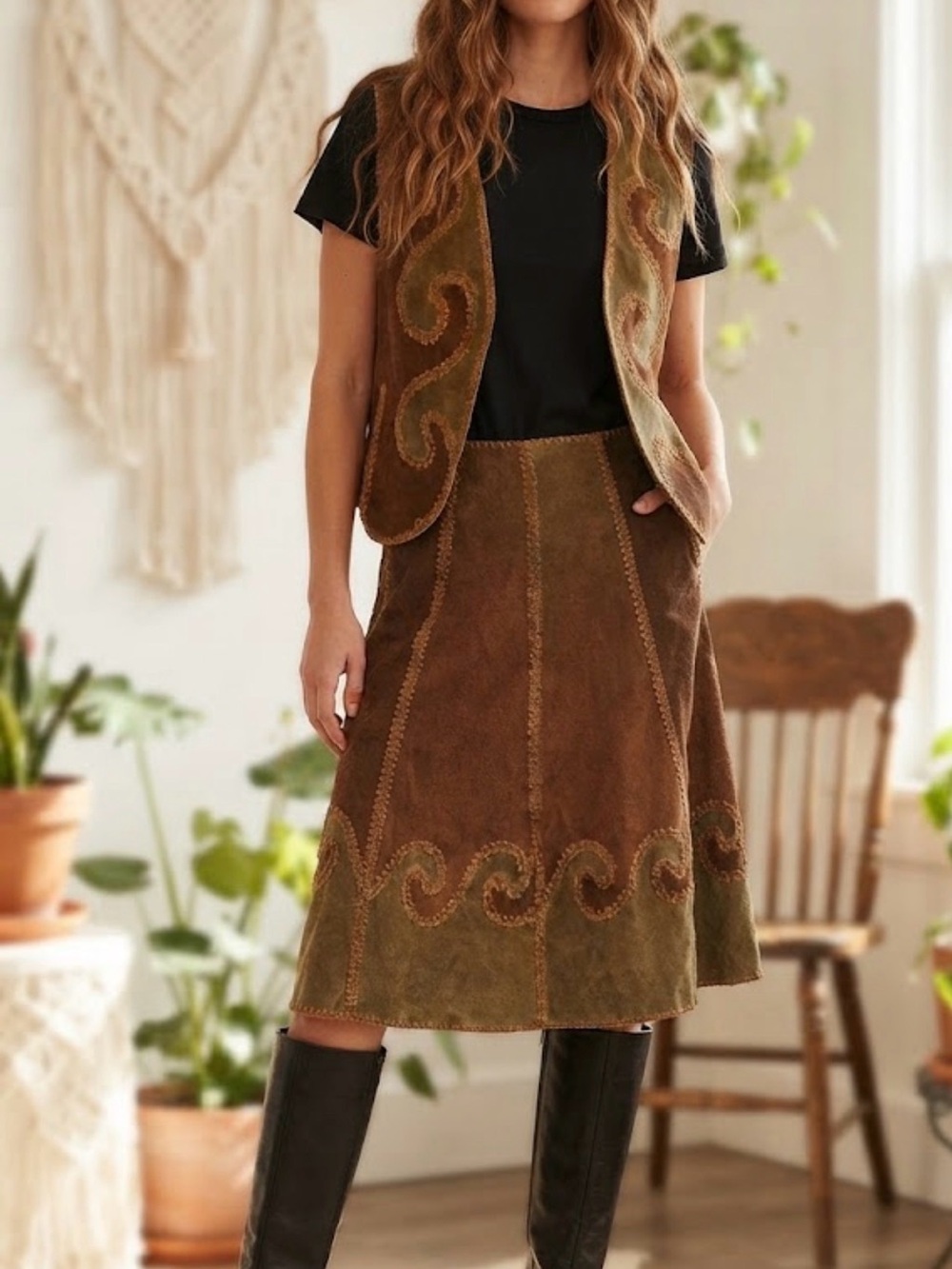 Vintage Brown Suede A-Line Skirt with Swirl Green Suede